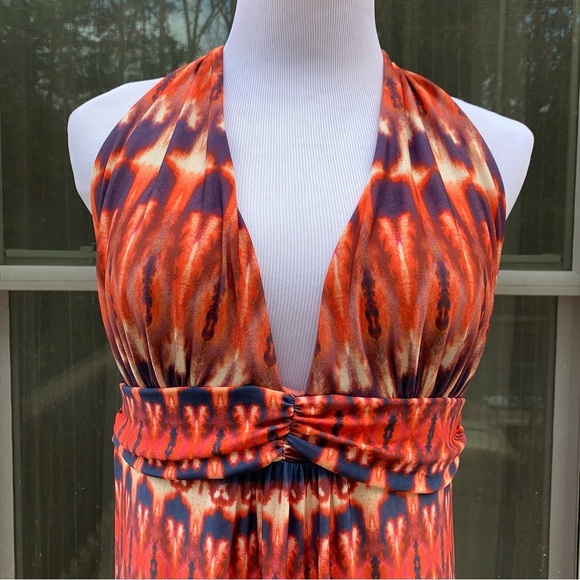 Vix Paula Hermanny Ikat print Peach Pink Cream Blue Jersey Halter Maxi Dress L - Picture 4 of 16